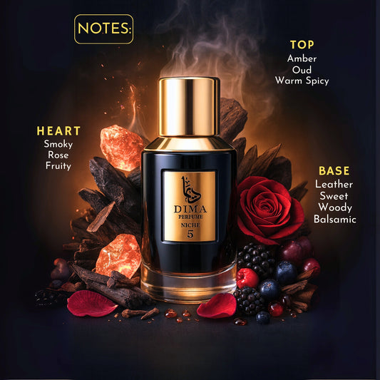 Dima perfume bottle with floral and spice elements on a dark background