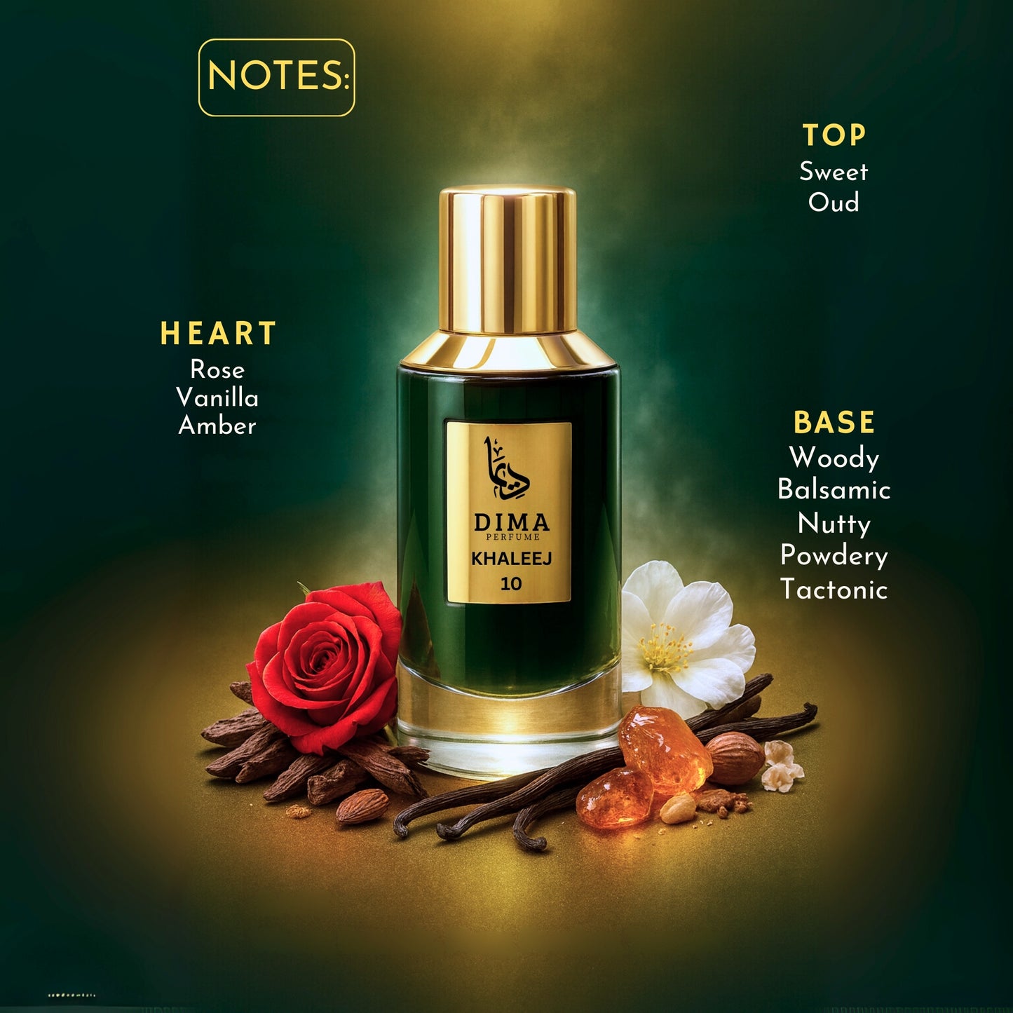 Perfume bottle with floral and spice elements on a dark background