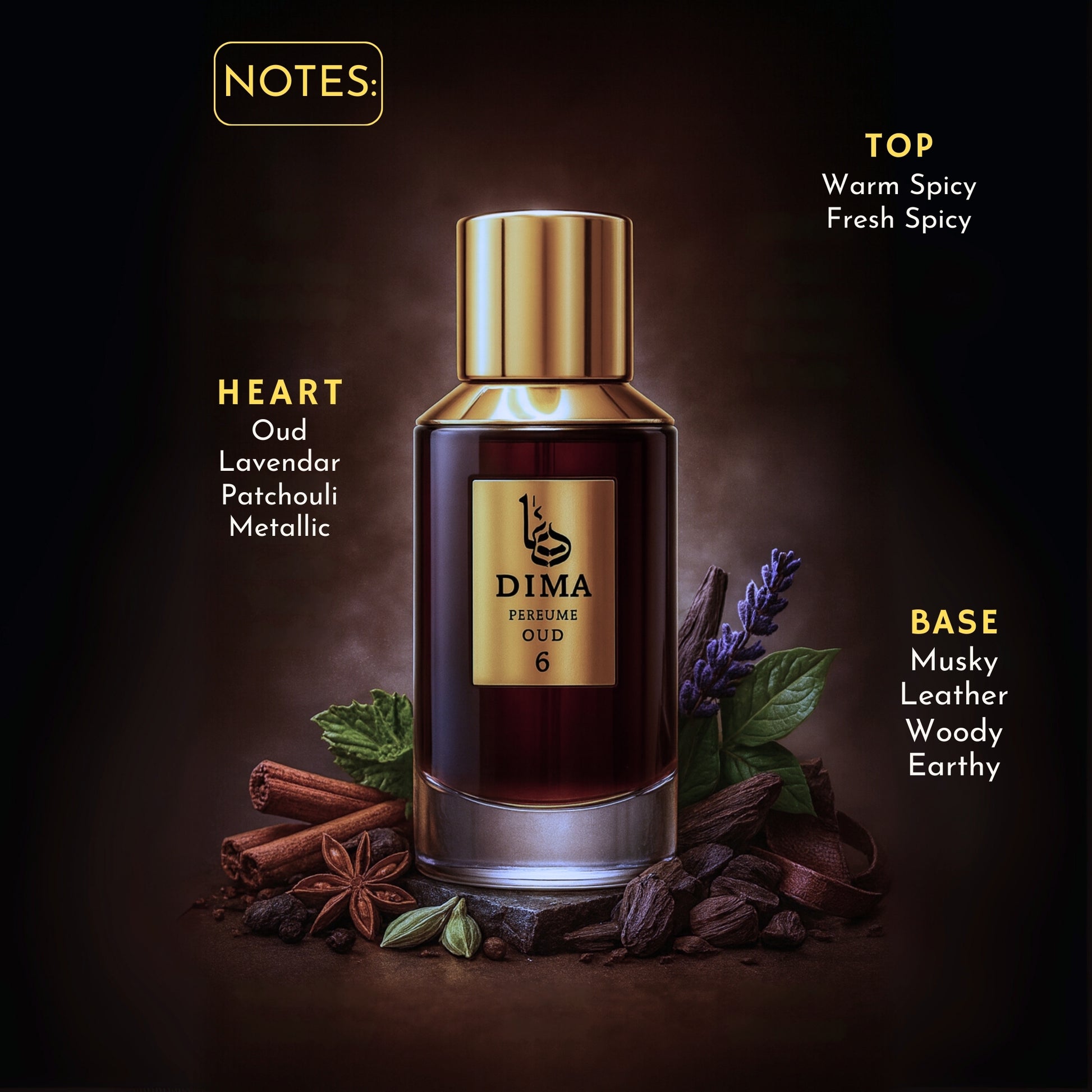 Dima perfume bottle with notes and ingredients displayed on a dark background