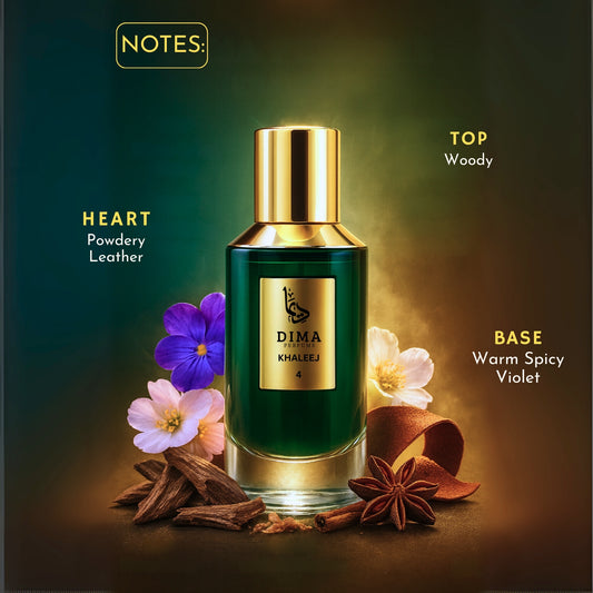 Perfume bottle with floral and spice elements on a dark background