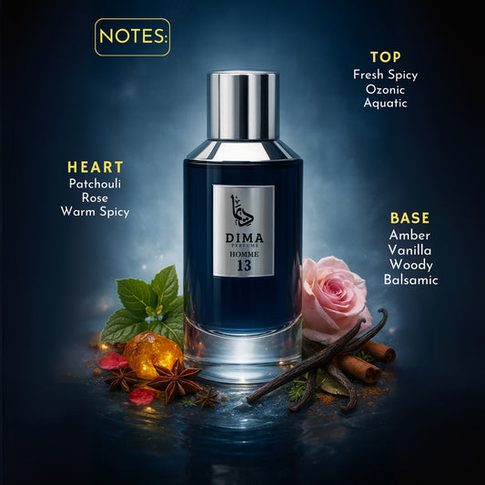 Perfume bottle with floral and spice elements on a dark background