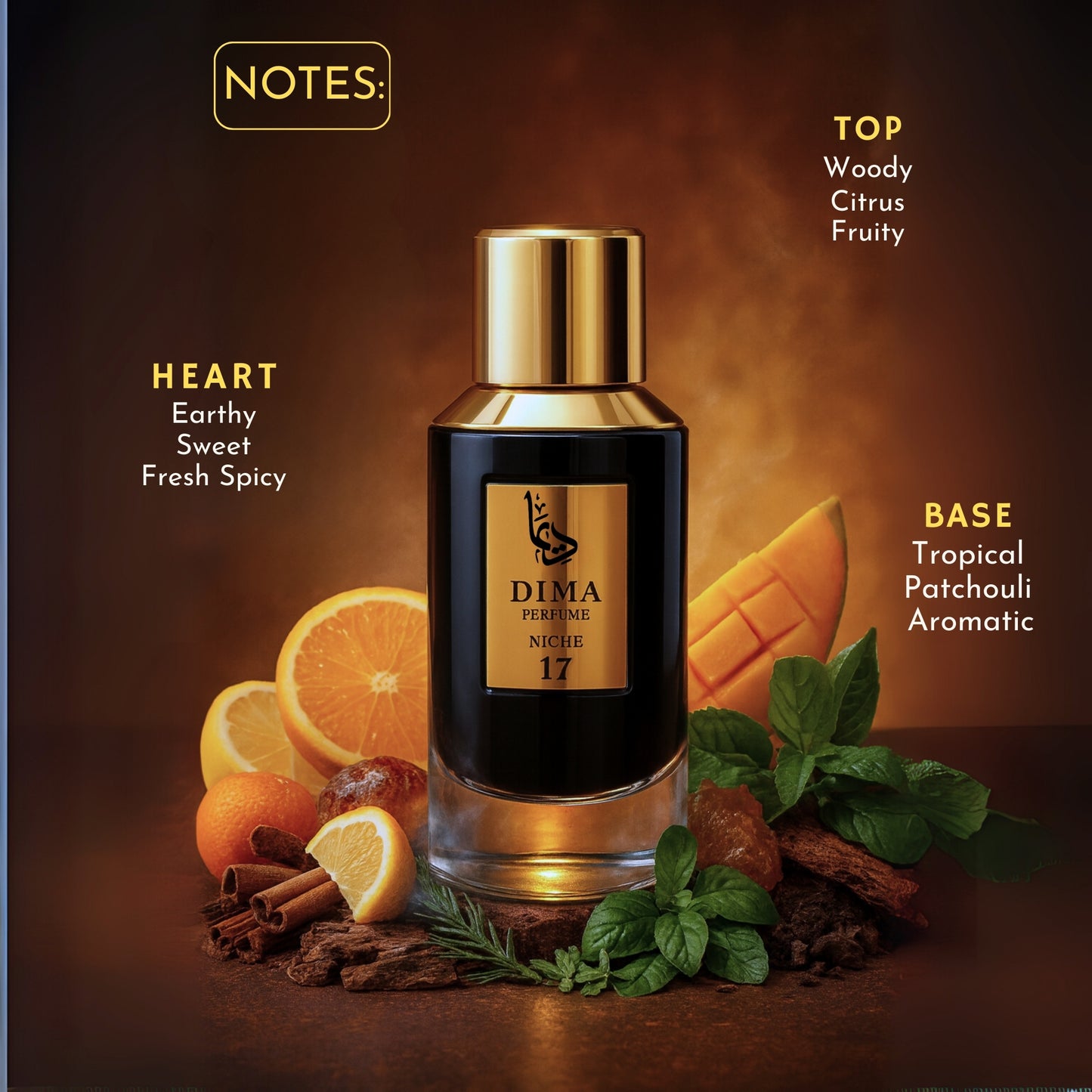 Dima perfume bottle with ingredients and flavor notes on a dark background