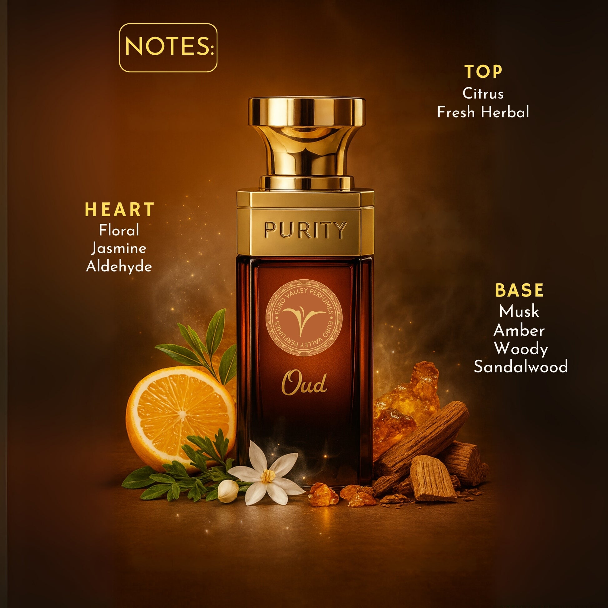 Perfume bottle labeled 'Purity' with notes displayed on a dark background