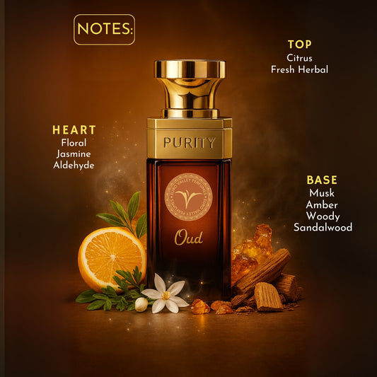Perfume bottle labeled 'Purity' with notes displayed on a dark background