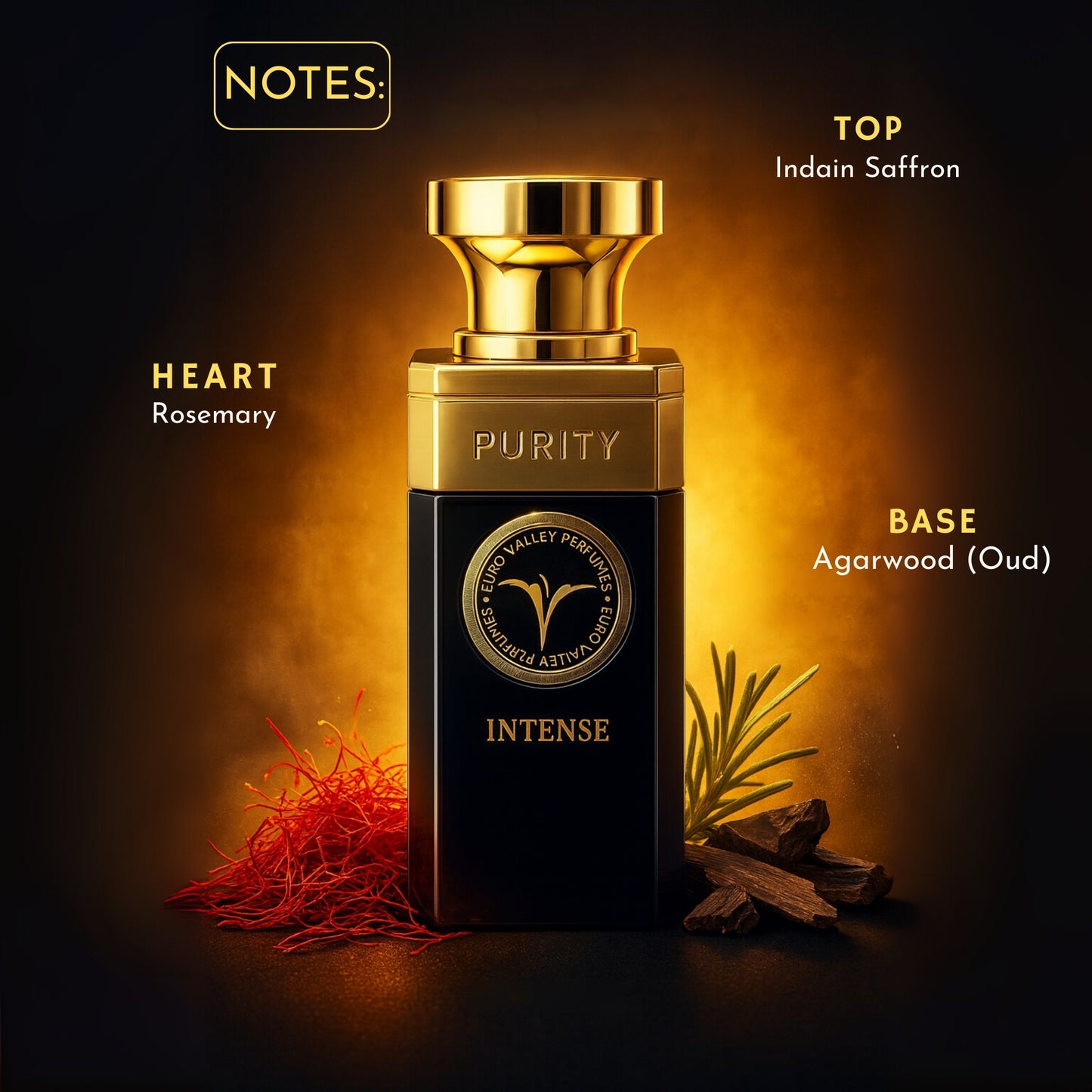 Perfume bottle labeled 'Purity' with notes displayed on a dark background