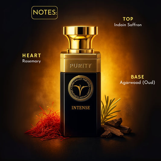 Perfume bottle labeled 'Purity' with notes displayed on a dark background