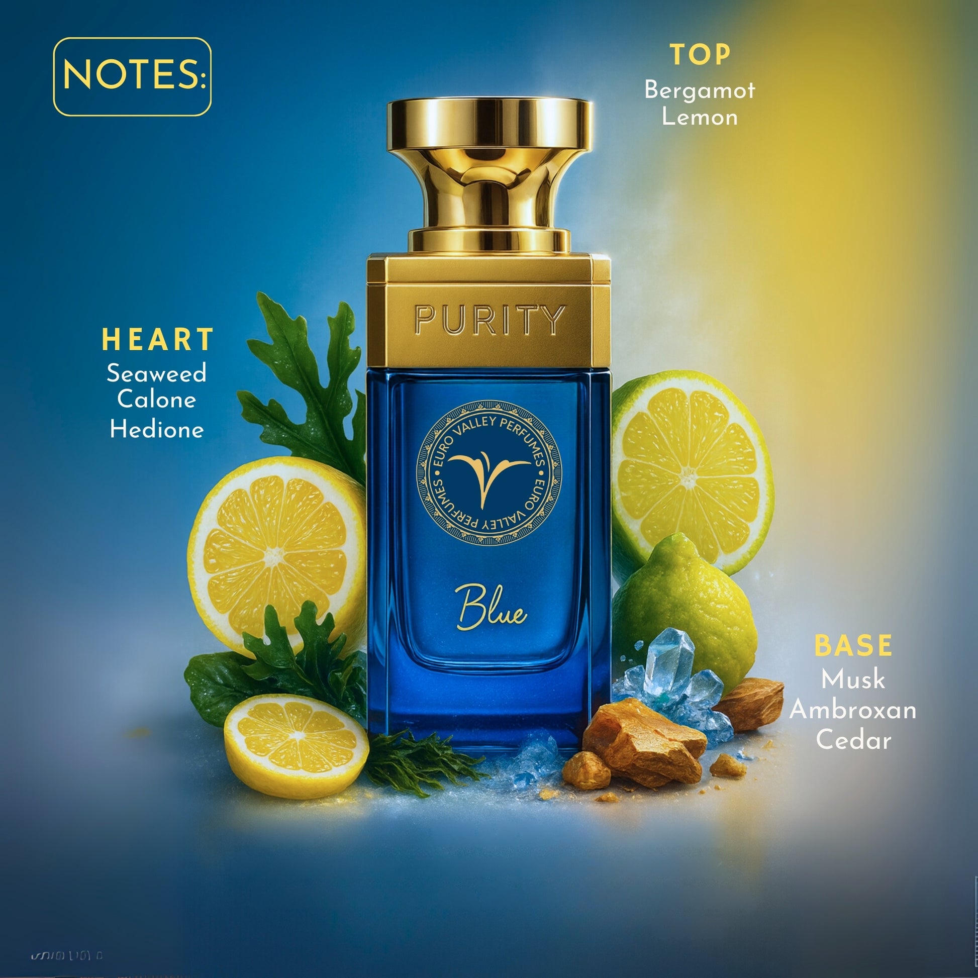 Blue perfume bottle with gold cap surrounded by lemons and greenery on a blue background