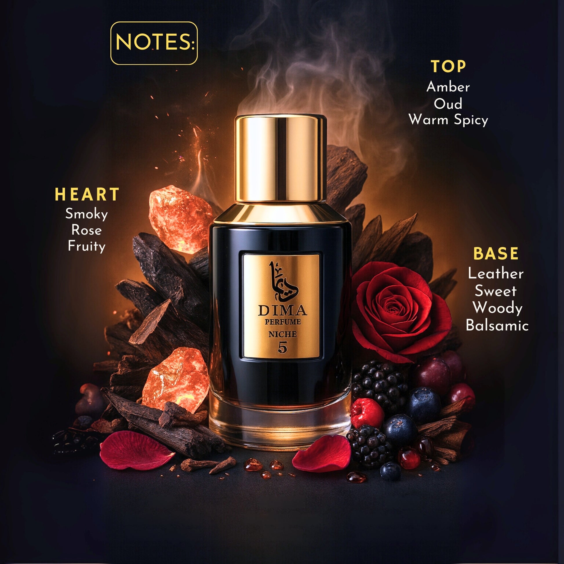Dima perfume bottle with floral and spice elements on a dark background